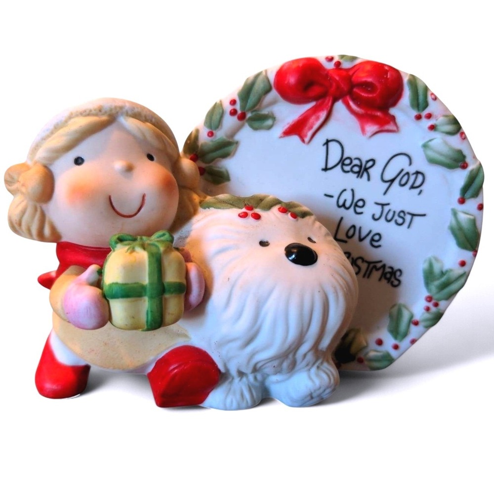 Vintage 1983 Enesco Dear God Kids 4in Figurine Ceramic White Girl Dog Christmas
